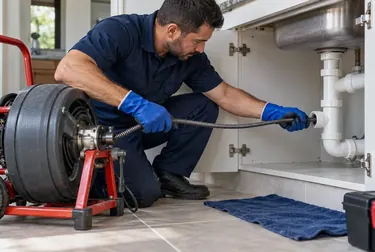 Especialista fazendo desentupimento de tubulações em uma residência.