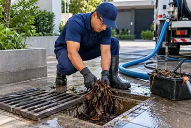 Profissional desentupindo rede pluvial em Lagarto.