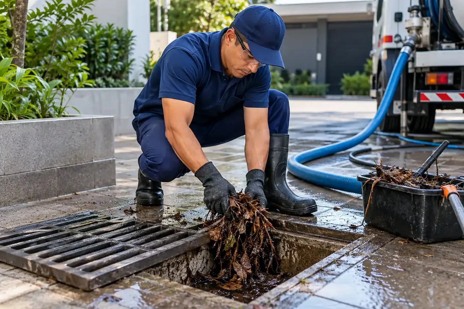Profissional desentupindo rede pluvial em Lagarto.