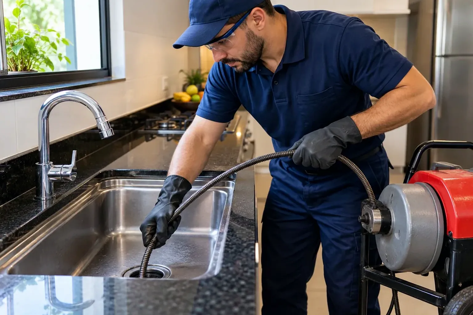 Profissional fazendo desentupimento de pia em uma cozinha.