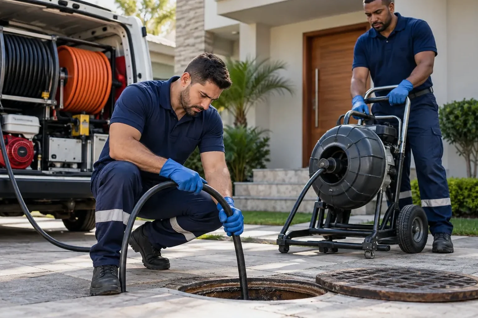 Profissional fazendo desentupimento em um espaço residencial.