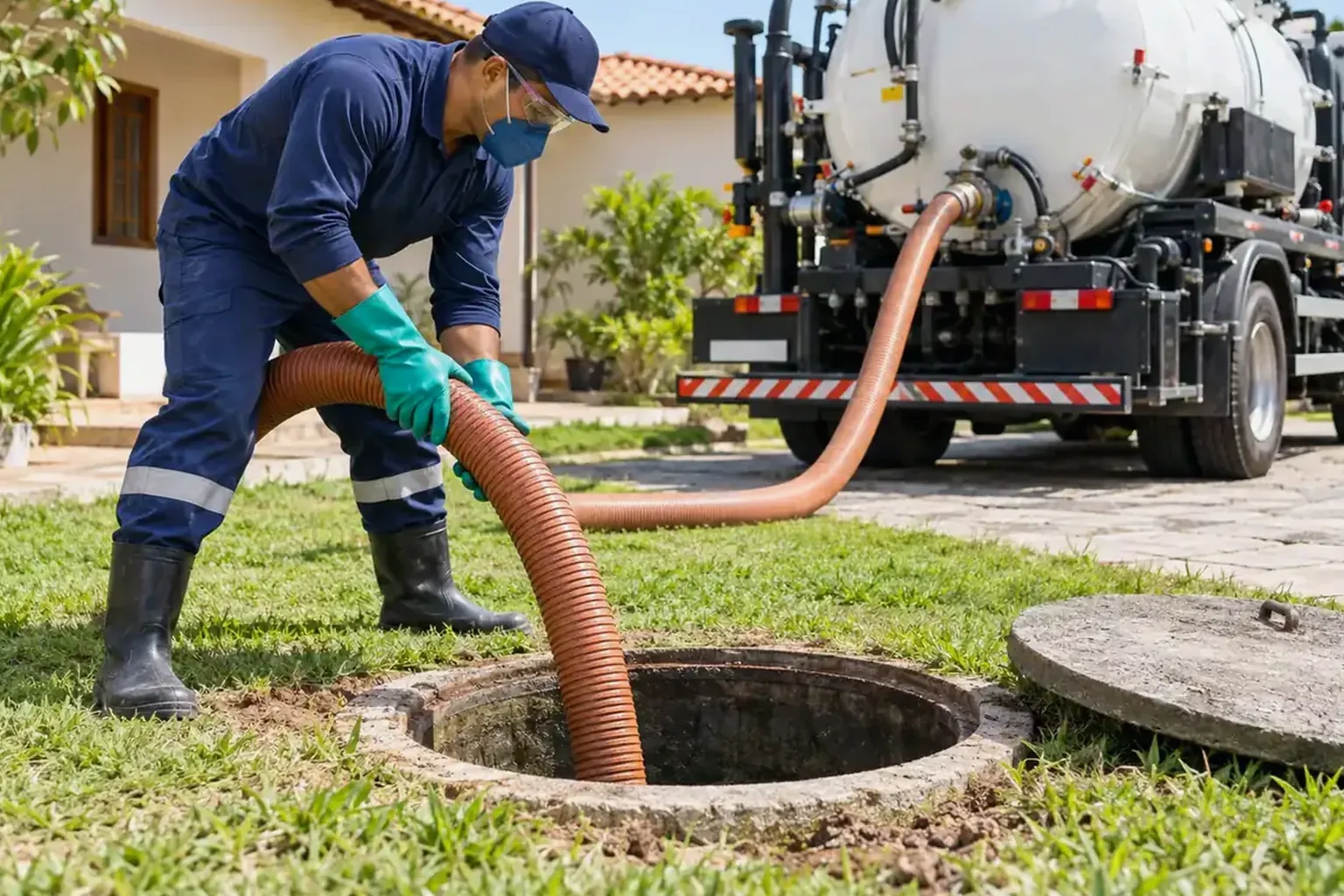 Profissional limpando fossa séptica em uma residência.