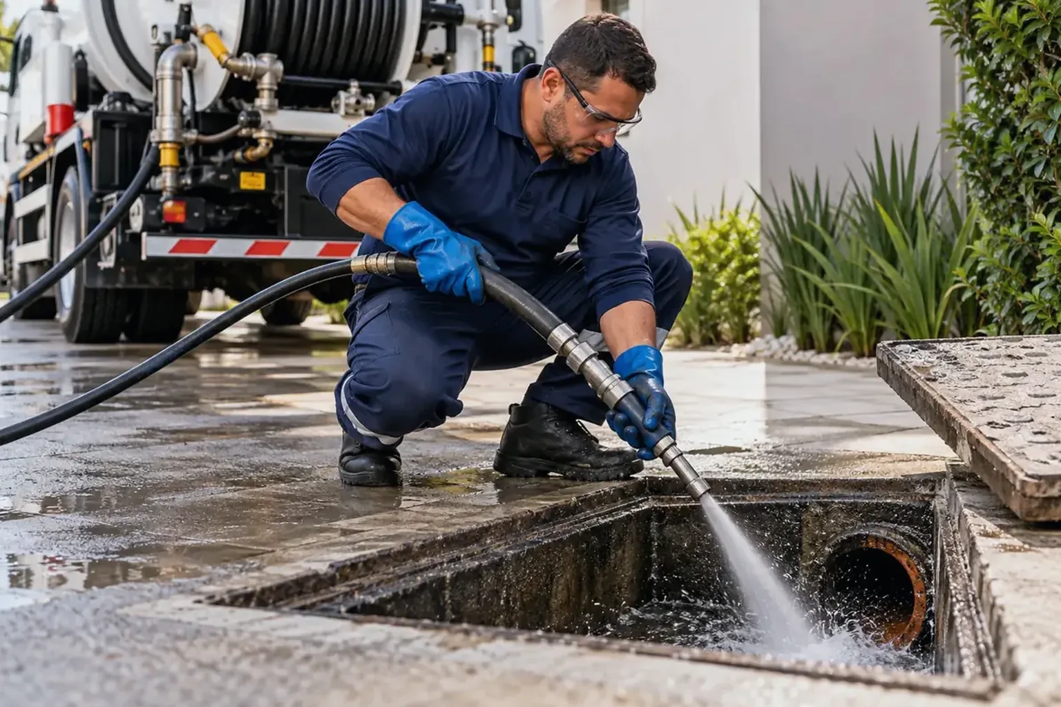 Profissional utilizando hidrojateamento em tubulações.