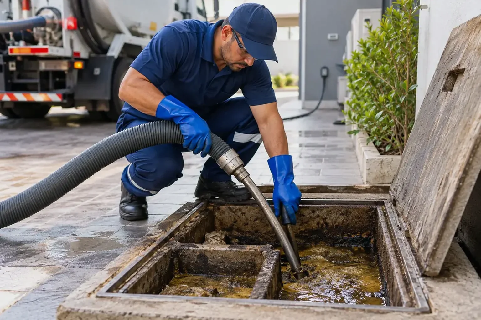 Técnico limpando caixa de gordura em uma propriedade.