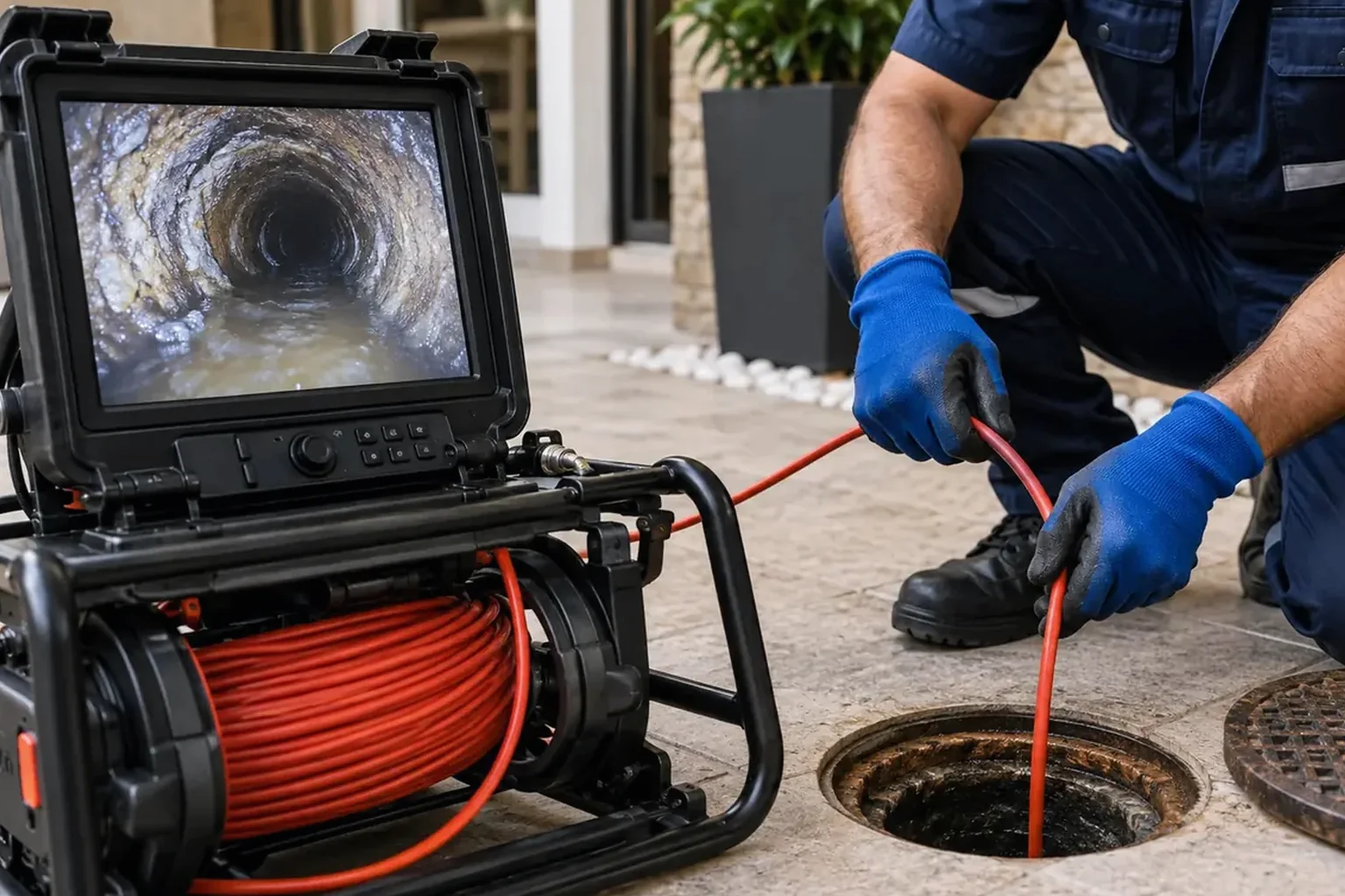 Técnico realizando inspeção de tubulações com câmera.